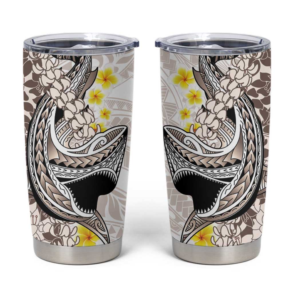 Brown and White Hawaii Shark Tattoo Tumbler Cup Puakenikeni Lei Plumeria Polynesian Pattern - Polynesian Pride