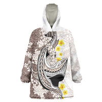 Brown and White Hawaii Shark Tattoo Wearable Blanket Hoodie Puakenikeni Lei Plumeria Polynesian Pattern - Polynesian Pride