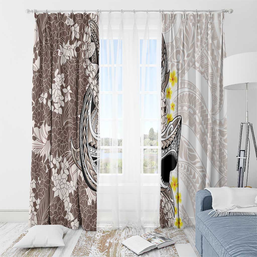 Brown and White Hawaii Shark Tattoo Window Curtain Puakenikeni Lei Plumeria Polynesian Pattern - Polynesian Pride