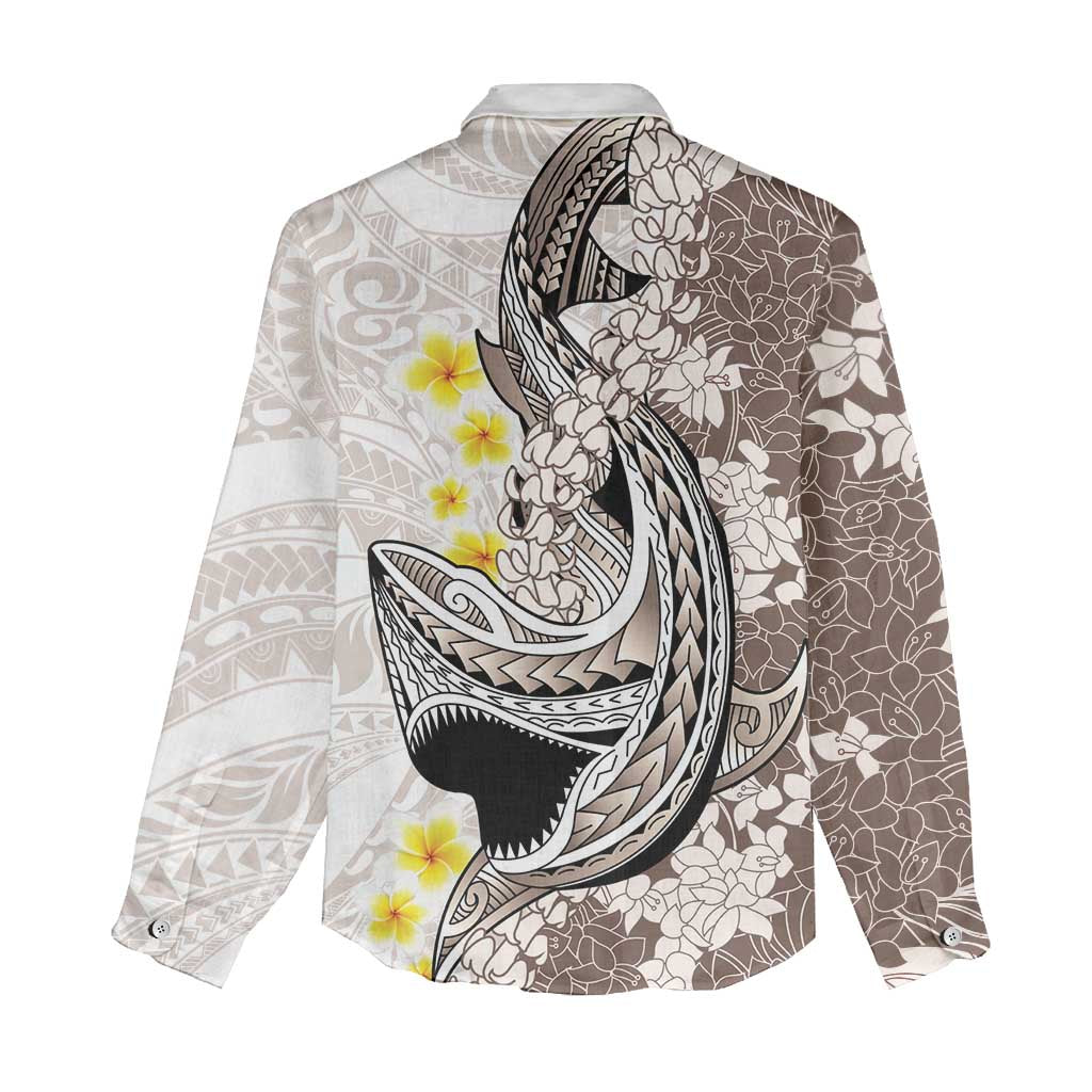 Brown and White Hawaii Shark Tattoo Women Casual Shirt Puakenikeni Lei Plumeria Polynesian Pattern - Polynesian Pride