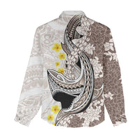 Brown and White Hawaii Shark Tattoo Women Casual Shirt Puakenikeni Lei Plumeria Polynesian Pattern - Polynesian Pride
