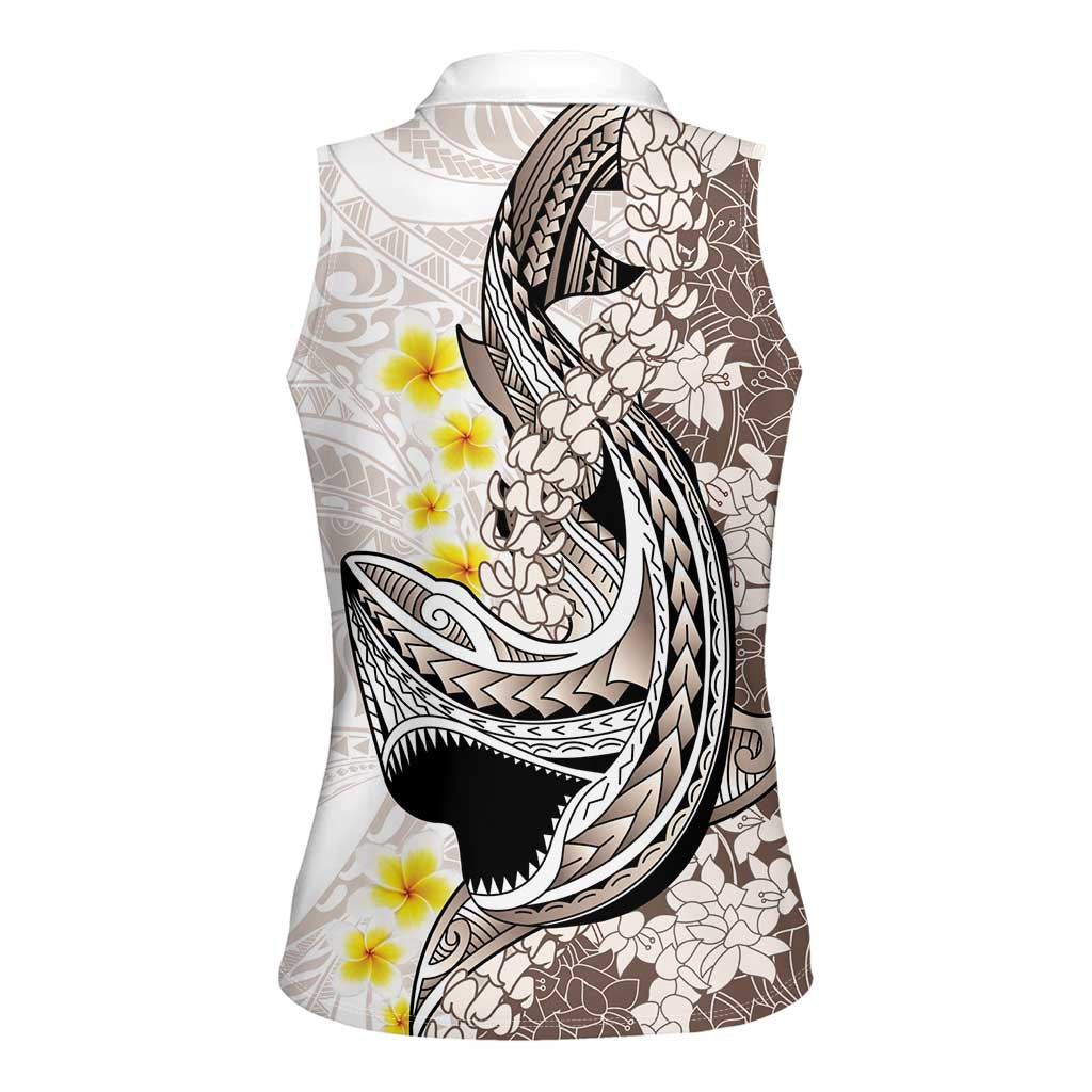 Brown and White Hawaii Shark Tattoo Women Sleeveless Polo Shirt Puakenikeni Lei Plumeria Polynesian Pattern - Polynesian Pride