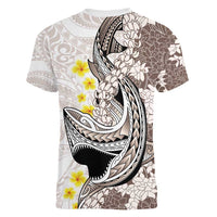 Brown and White Hawaii Shark Tattoo Women V-Neck T-Shirt Puakenikeni Lei Plumeria Polynesian Pattern - Polynesian Pride