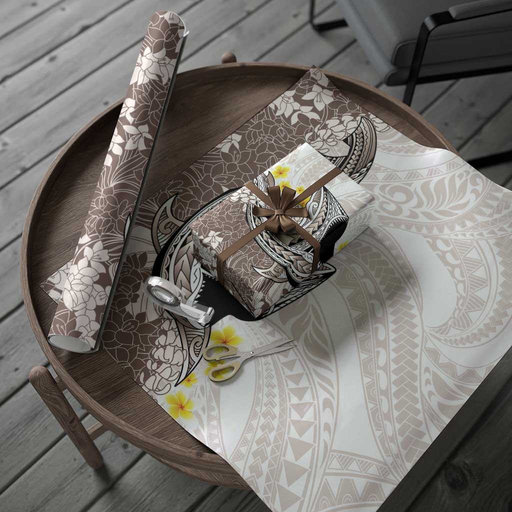 Brown and White Hawaii Shark Tattoo Wrapping Paper Puakenikeni Lei Plumeria Polynesian Pattern LT14 - Polynesian Pride