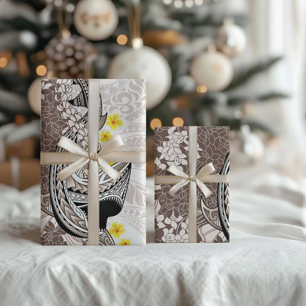 Brown and White Hawaii Shark Tattoo Wrapping Paper Puakenikeni Lei Plumeria Polynesian Pattern LT14 - Polynesian Pride