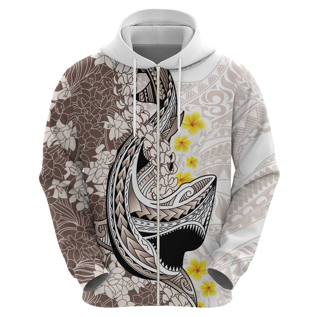 Brown and White Hawaii Shark Tattoo Zip Hoodie Puakenikeni Lei Plumeria Polynesian Pattern - Polynesian Pride