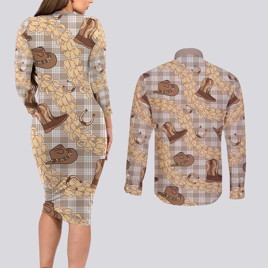 Khaki Palaka Hawaii Cowboy Couples Matching Long Sleeve Bodycon Dress and Long Sleeve Button Shirt Puakenikeni Lei Paniolo Papale Seamless Vibes - Polynesian Pride
