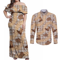 Khaki Palaka Hawaii Cowboy Couples Matching Off Shoulder Maxi Dress and Long Sleeve Button Shirt Puakenikeni Lei Paniolo Papale Seamless Vibes - Polynesian Pride