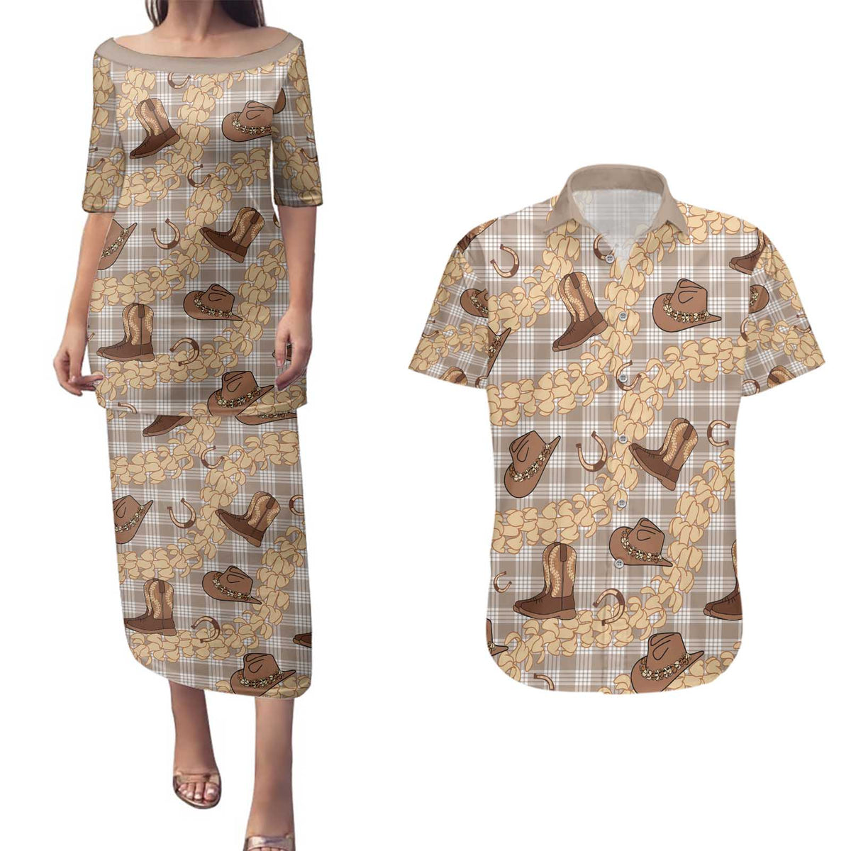 Khaki Palaka Hawaii Cowboy Couples Matching Puletasi and Hawaiian Shirt Puakenikeni Lei Paniolo Papale Seamless Vibes - Polynesian Pride