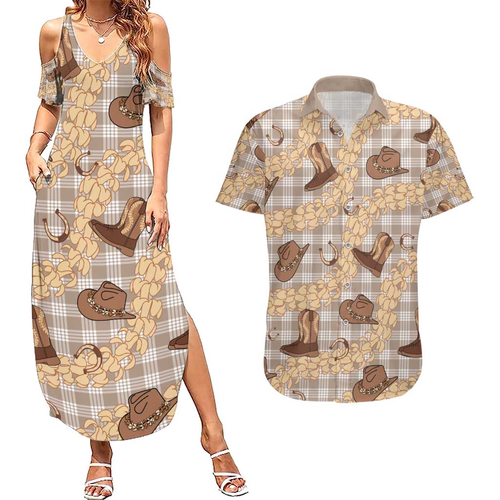 Khaki Palaka Hawaii Cowboy Couples Matching Summer Maxi Dress and Hawaiian Shirt Puakenikeni Lei Paniolo Papale Seamless Vibes - Polynesian Pride