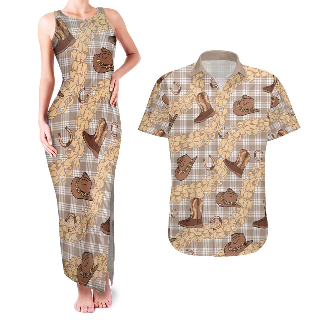 Khaki Palaka Hawaii Cowboy Couples Matching Tank Maxi Dress and Hawaiian Shirt Puakenikeni Lei Paniolo Papale Seamless Vibes - Polynesian Pride