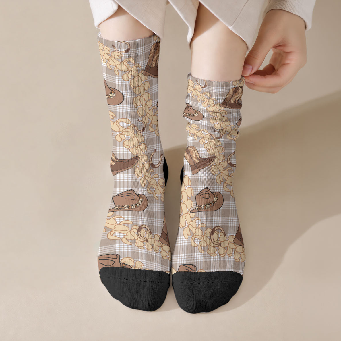 Khaki Palaka Hawaii Cowboy Crew Socks Puakenikeni Lei Paniolo Papale Seamless Vibes