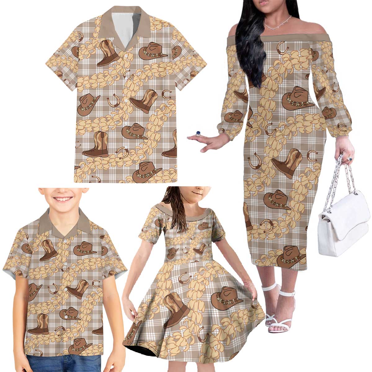 Khaki Palaka Hawaii Cowboy Family Matching Off The Shoulder Long Sleeve Dress and Hawaiian Shirt Puakenikeni Lei Paniolo Papale Seamless Vibes - Polynesian Pride