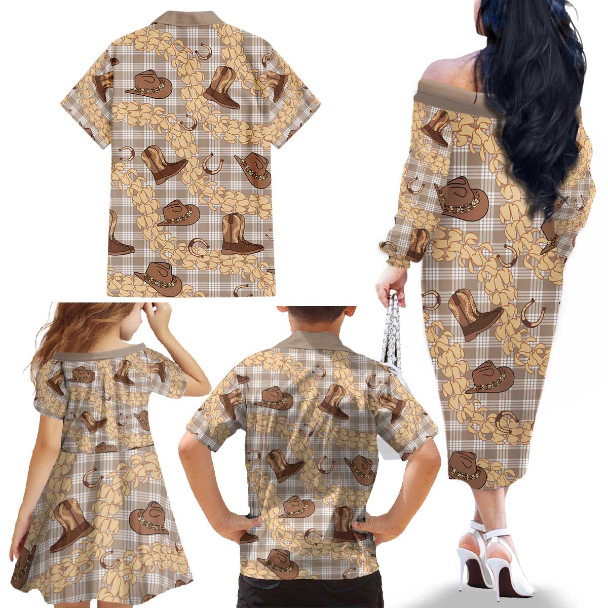 Khaki Palaka Hawaii Cowboy Family Matching Off The Shoulder Long Sleeve Dress and Hawaiian Shirt Puakenikeni Lei Paniolo Papale Seamless Vibes - Polynesian Pride