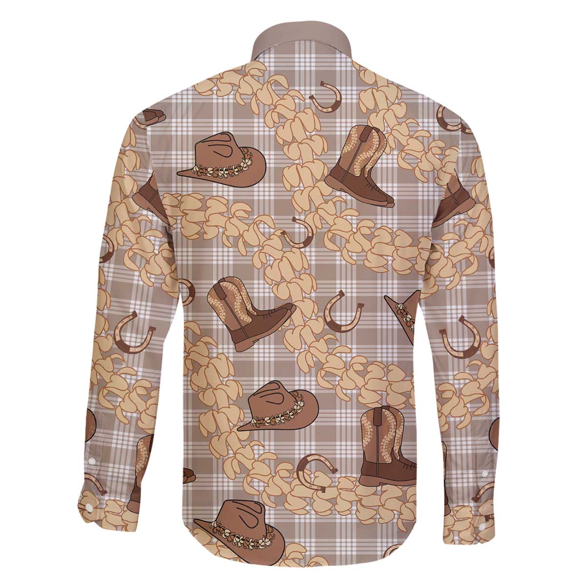 Khaki Palaka Hawaii Cowboy Family Matching Off The Shoulder Long Sleeve Dress and Hawaiian Shirt Puakenikeni Lei Paniolo Papale Seamless Vibes - Polynesian Pride