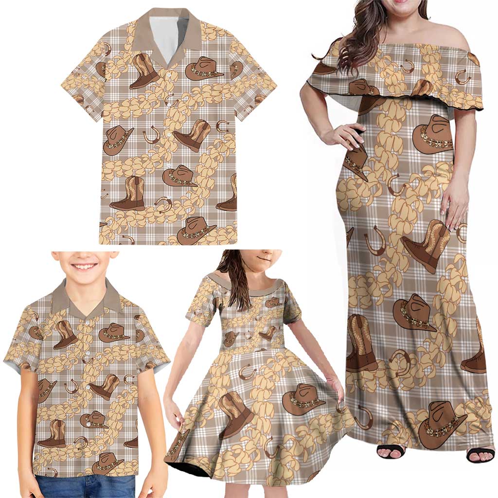 Khaki Palaka Hawaii Cowboy Family Matching Off Shoulder Maxi Dress and Hawaiian Shirt Puakenikeni Lei Paniolo Papale Seamless Vibes - Polynesian Pride
