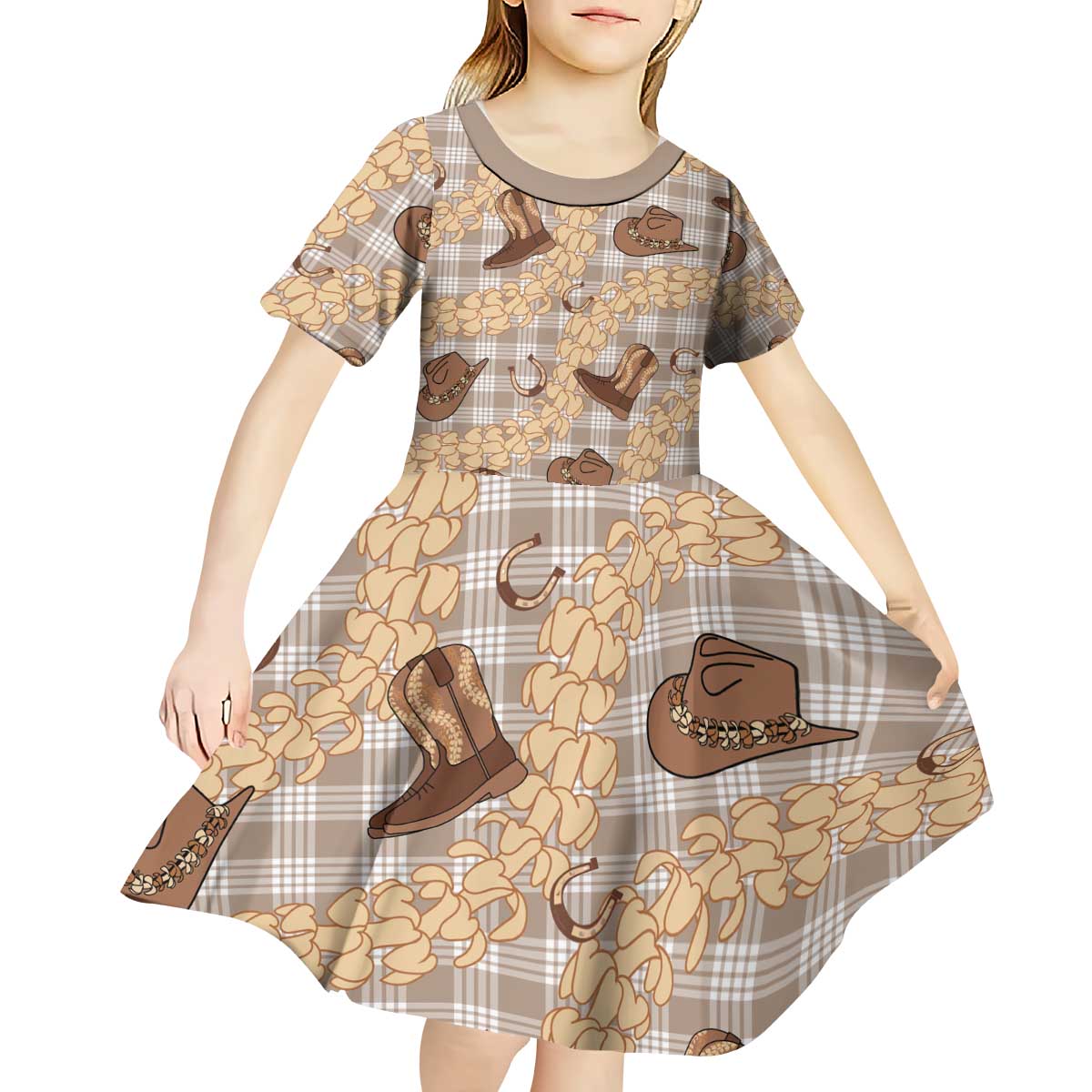 Khaki Palaka Hawaii Cowboy Kid Short Sleeve Dress Puakenikeni Lei Paniolo Papale Seamless Vibes - Polynesian Pride
