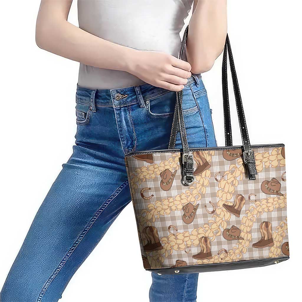 Khaki Palaka Hawaii Cowboy Leather Tote Bag Puakenikeni Lei Paniolo Papale Seamless Vibes - Polynesian Pride