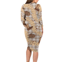 Khaki Palaka Hawaii Cowboy Long Sleeve Bodycon Dress Puakenikeni Lei Paniolo Papale Seamless Vibes - Polynesian Pride