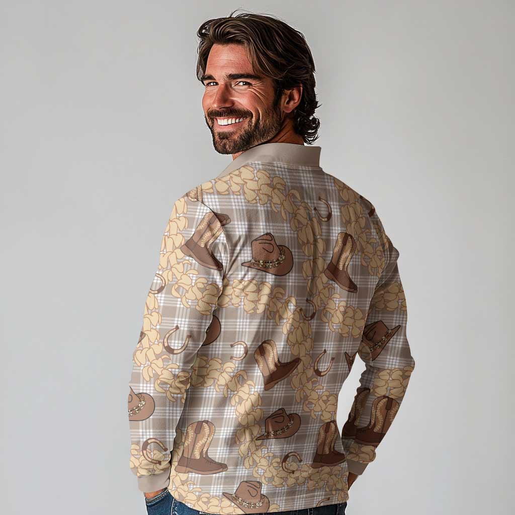 Khaki Palaka Hawaii Cowboy Long Sleeve Polo Shirt Puakenikeni Lei Paniolo Papale Seamless Vibes - Polynesian Pride