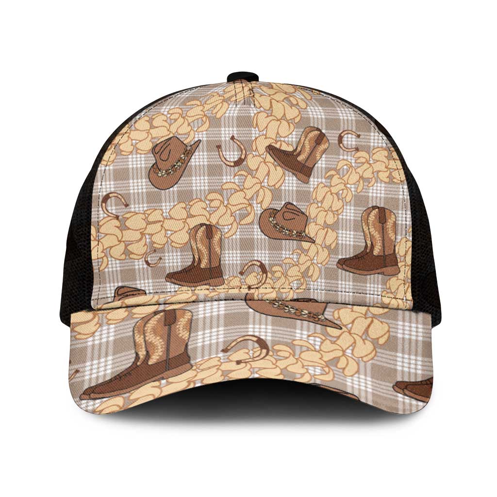 Khaki Palaka Hawaii Cowboy Mesh Trucker Cap Puakenikeni Lei Paniolo Papale Seamless Vibes - Polynesian Pride
