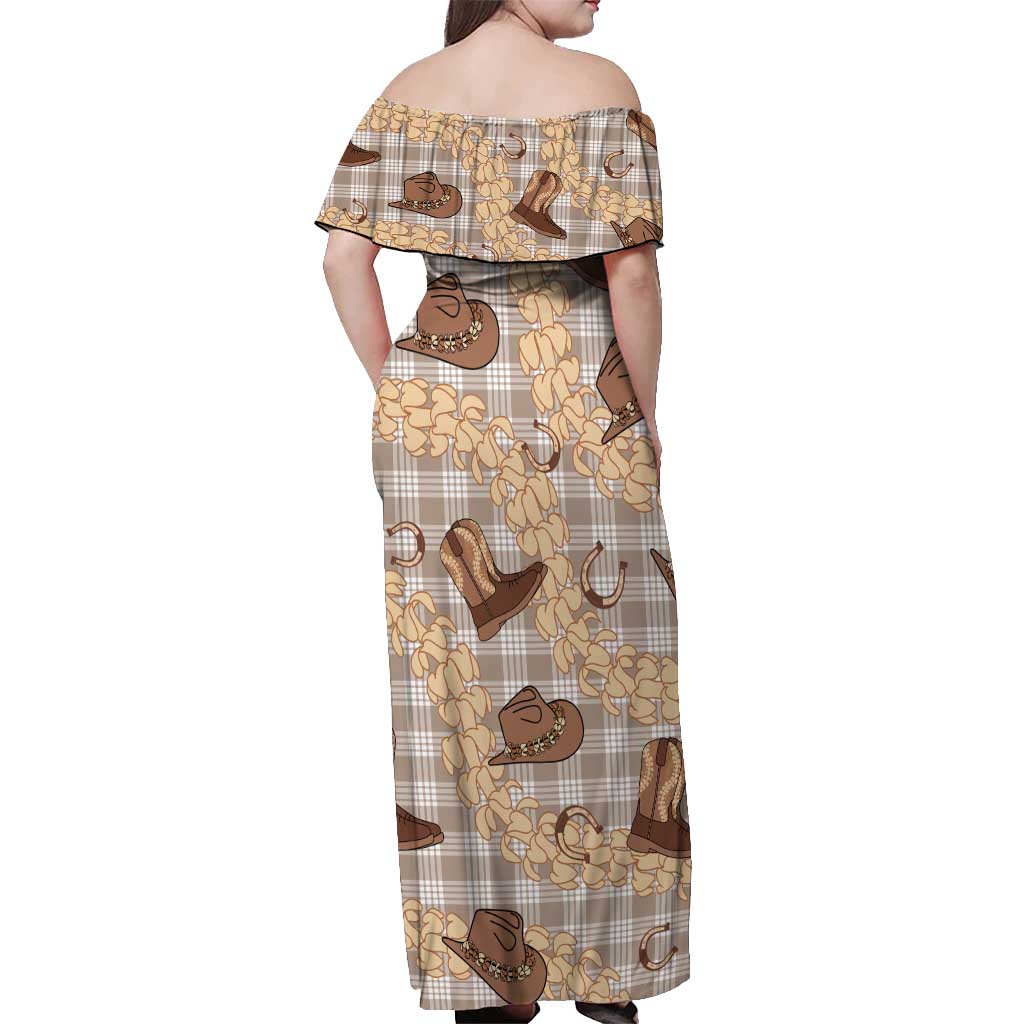 Khaki Palaka Hawaii Cowboy Off Shoulder Maxi Dress Puakenikeni Lei Paniolo Papale Seamless Vibes - Polynesian Pride