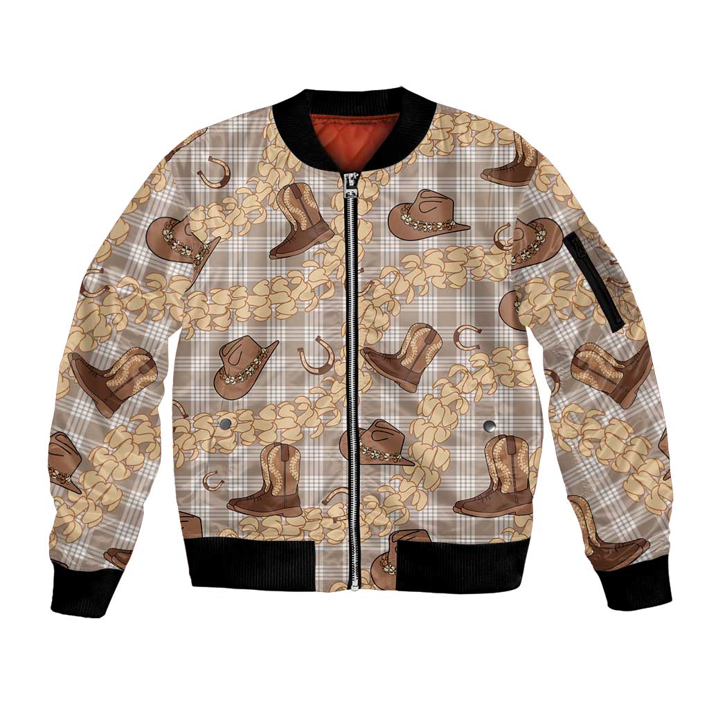 Khaki Palaka Hawaii Cowboy Sleeve Zip Bomber Jacket Puakenikeni Lei Paniolo Papale Seamless Vibes - Polynesian Pride