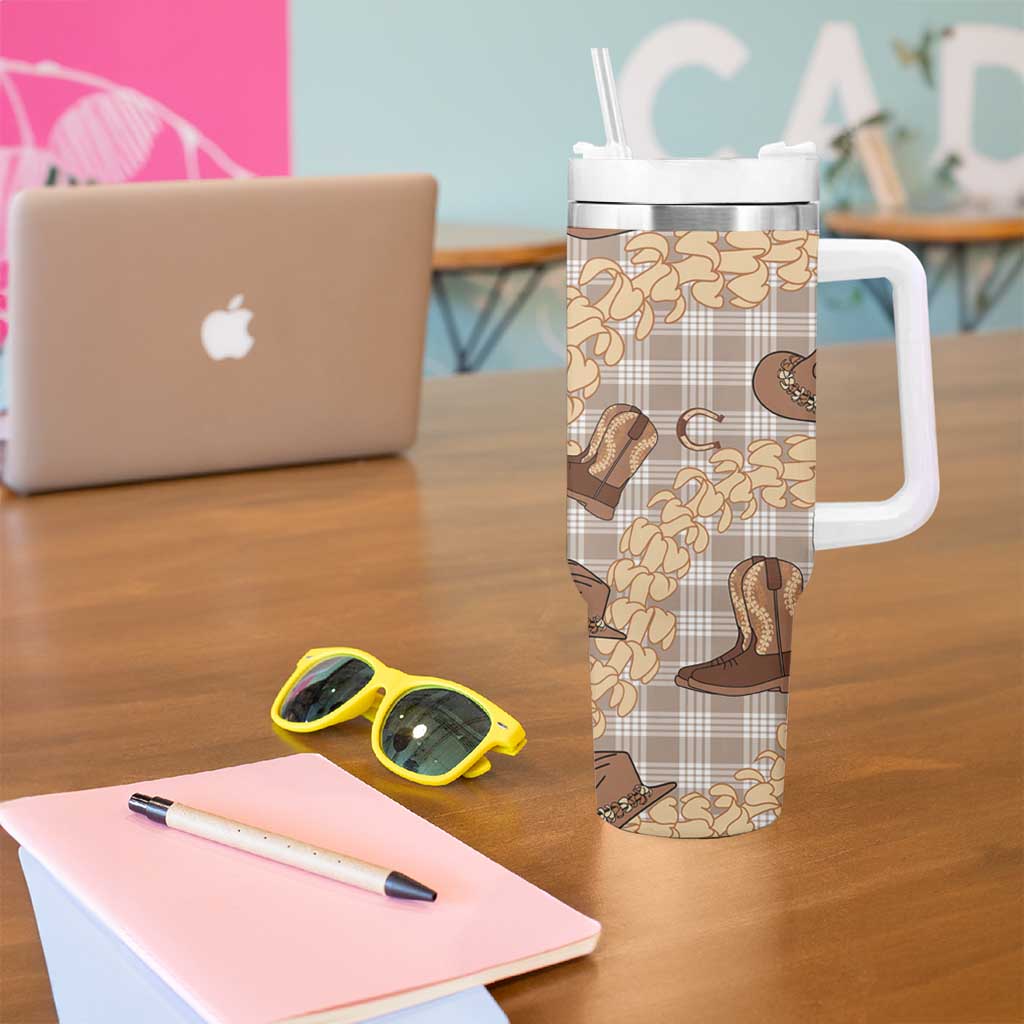 Khaki Palaka Hawaii Cowboy Tumbler With Handle Puakenikeni Lei Paniolo Papale Seamless Vibes - Polynesian Pride