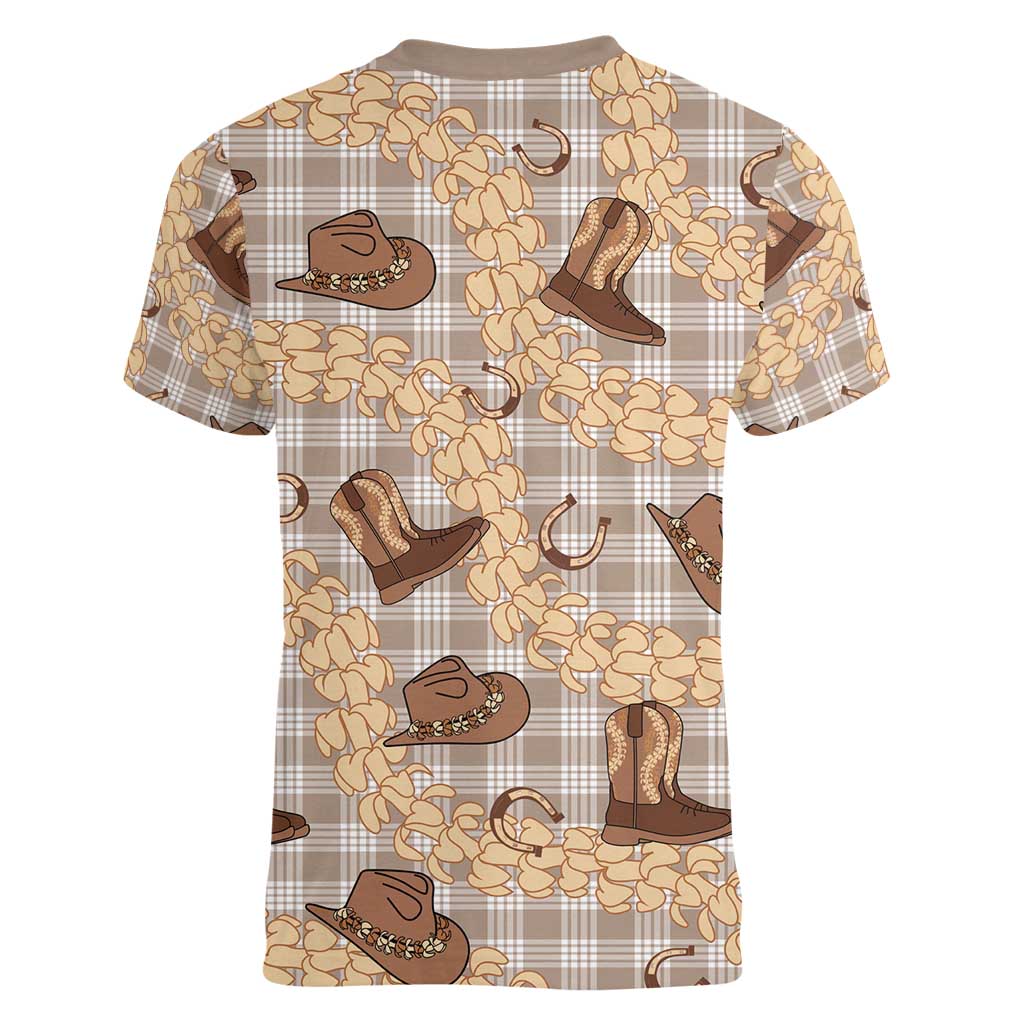 Khaki Palaka Hawaii Cowboy Women V-Neck T-Shirt Puakenikeni Lei Paniolo Papale Seamless Vibes - Polynesian Pride