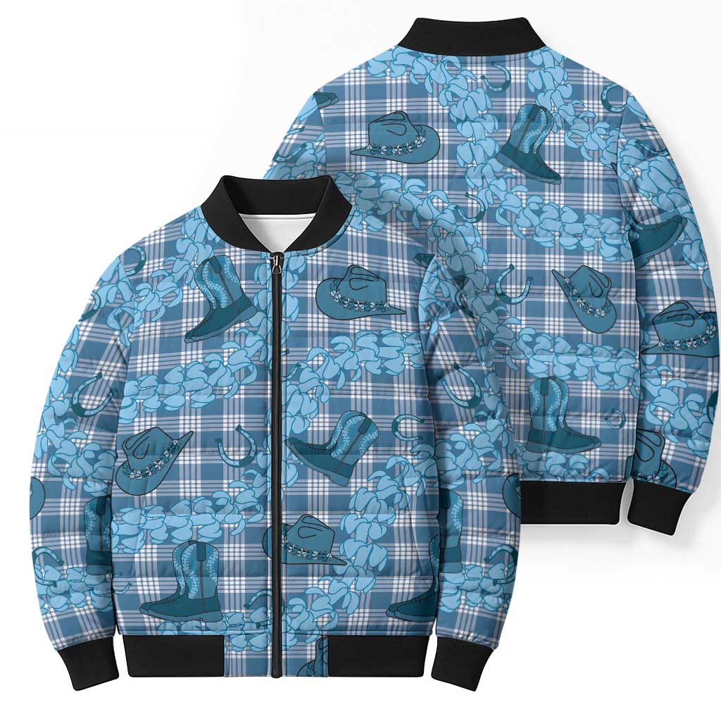 Cyan Palaka Hawaii Cowboy Bomber Puffer Jacket Puakenikeni Lei Paniolo Papale Seamless Vibes - Polynesian Pride