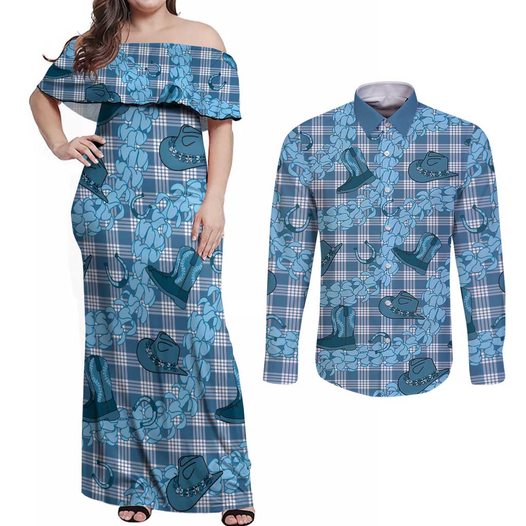 Cyan Palaka Hawaii Cowboy Couples Matching Off Shoulder Maxi Dress and Long Sleeve Button Shirt Puakenikeni Lei Paniolo Papale Seamless Vibes - Polynesian Pride