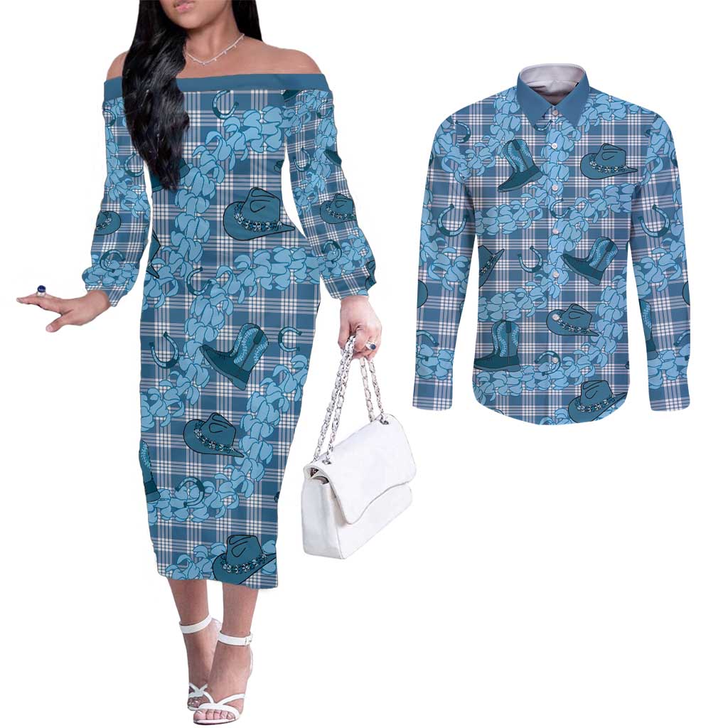 Cyan Palaka Hawaii Cowboy Couples Matching Off The Shoulder Long Sleeve Dress and Long Sleeve Button Shirt Puakenikeni Lei Paniolo Papale Seamless Vibes - Polynesian Pride