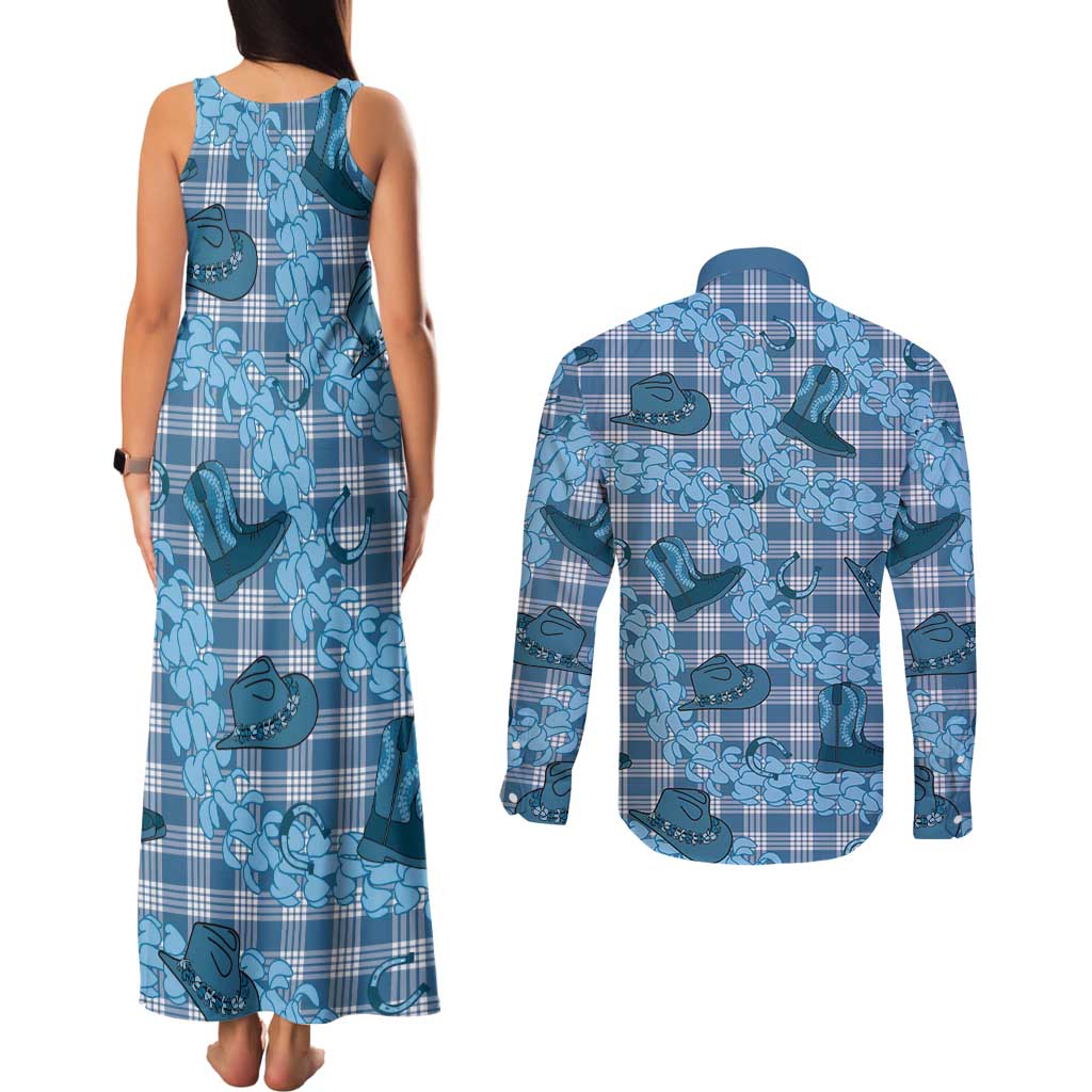 Cyan Palaka Hawaii Cowboy Couples Matching Tank Maxi Dress and Long Sleeve Button Shirt Puakenikeni Lei Paniolo Papale Seamless Vibes - Polynesian Pride