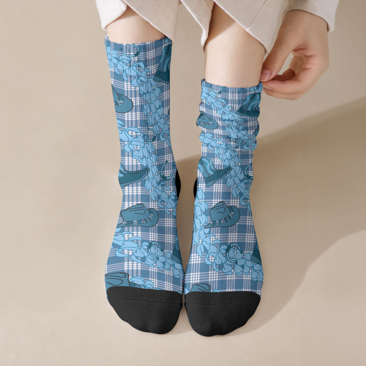 Cyan Palaka Hawaii Cowboy Crew Socks Puakenikeni Lei Paniolo Papale Seamless Vibes