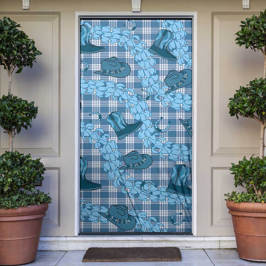 Cyan Palaka Hawaii Cowboy Door Cover Puakenikeni Lei Paniolo Papale Seamless Vibes - Polynesian Pride