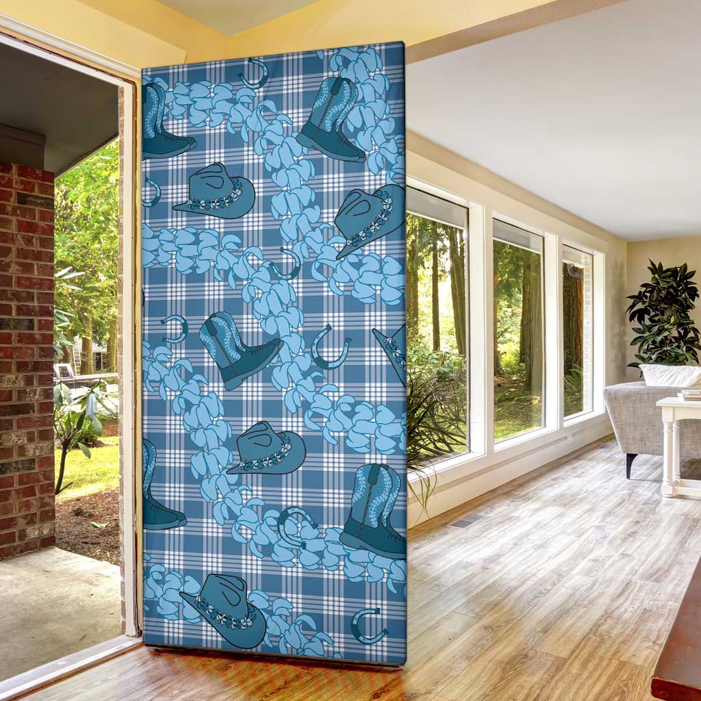 Cyan Palaka Hawaii Cowboy Door Cover Puakenikeni Lei Paniolo Papale Seamless Vibes - Polynesian Pride