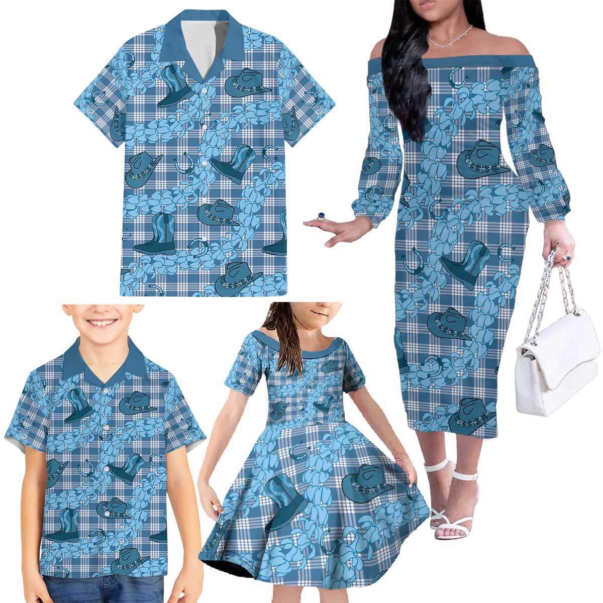 Cyan Palaka Hawaii Cowboy Family Matching Off The Shoulder Long Sleeve Dress and Hawaiian Shirt Puakenikeni Lei Paniolo Papale Seamless Vibes - Polynesian Pride