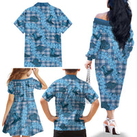 Cyan Palaka Hawaii Cowboy Family Matching Off The Shoulder Long Sleeve Dress and Hawaiian Shirt Puakenikeni Lei Paniolo Papale Seamless Vibes - Polynesian Pride