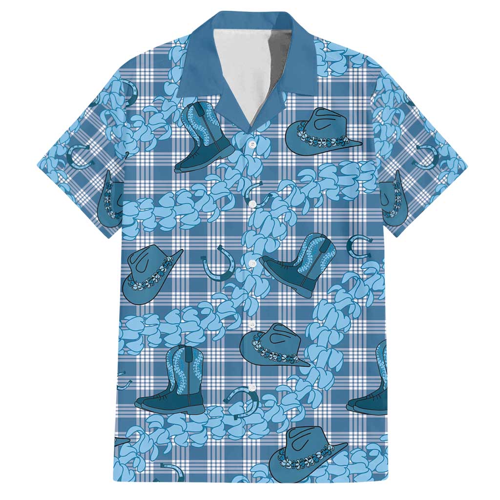 Cyan Palaka Hawaii Cowboy Family Matching Off Shoulder Short Dress and Hawaiian Shirt Puakenikeni Lei Paniolo Papale Seamless Vibes - Polynesian Pride