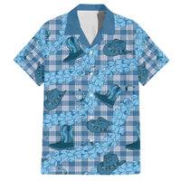 Cyan Palaka Hawaii Cowboy Family Matching Off Shoulder Short Dress and Hawaiian Shirt Puakenikeni Lei Paniolo Papale Seamless Vibes - Polynesian Pride