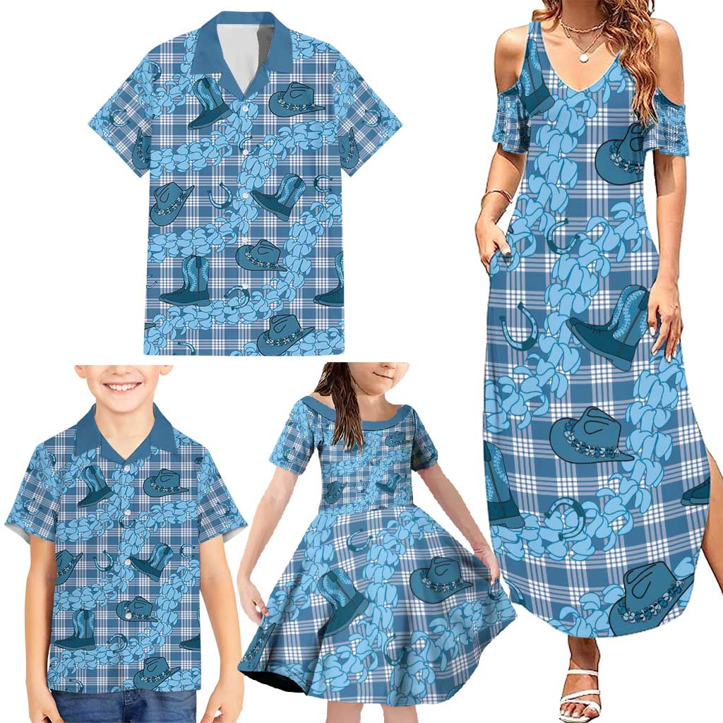 Cyan Palaka Hawaii Cowboy Family Matching Summer Maxi Dress and Hawaiian Shirt Puakenikeni Lei Paniolo Papale Seamless Vibes - Polynesian Pride