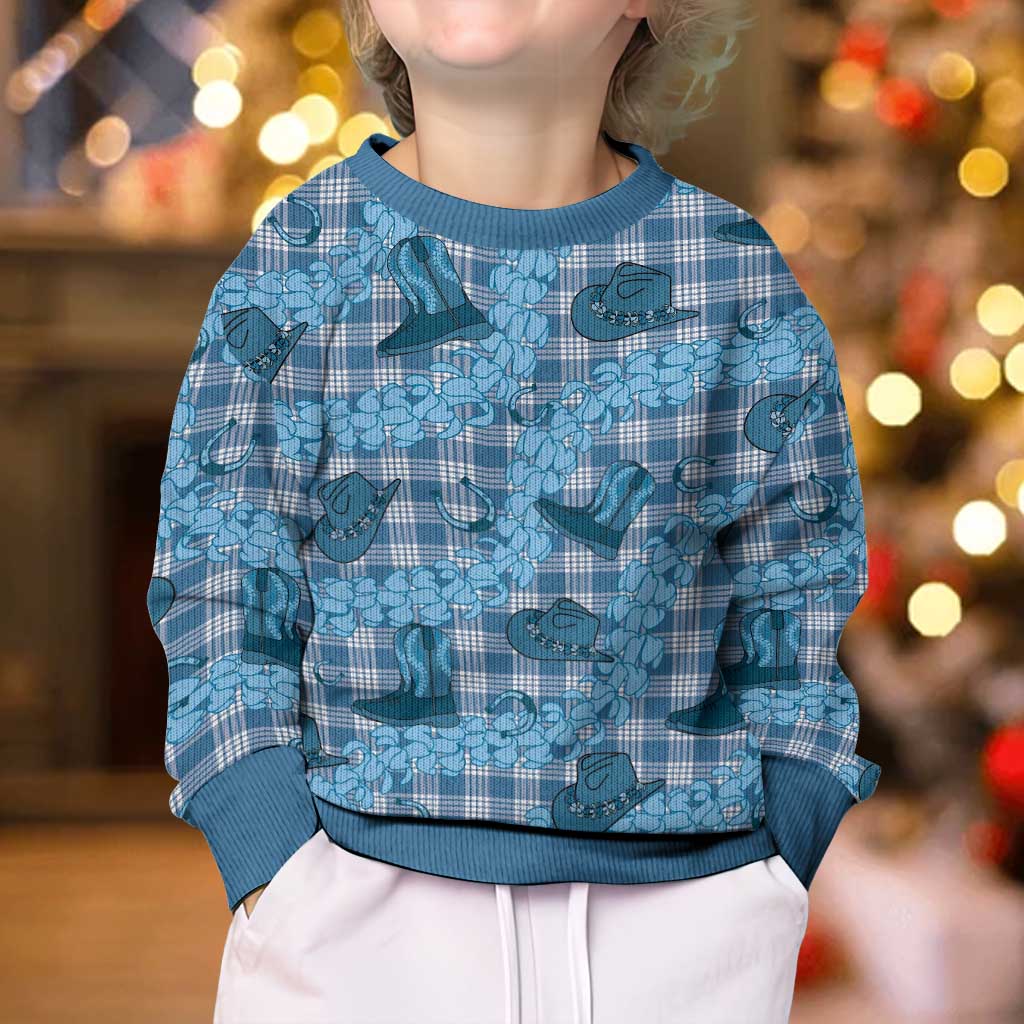 Cyan Palaka Hawaii Cowboy Kid Ugly Christmas Sweater Puakenikeni Lei Paniolo Papale Seamless Vibes - Polynesian Pride