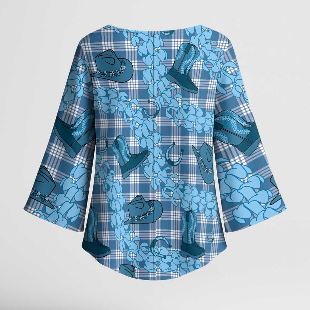 Cyan Palaka Hawaii Cowboy Kimono Sleeve Blouse Puakenikeni Lei Paniolo Papale Seamless Vibes - Polynesian Pride
