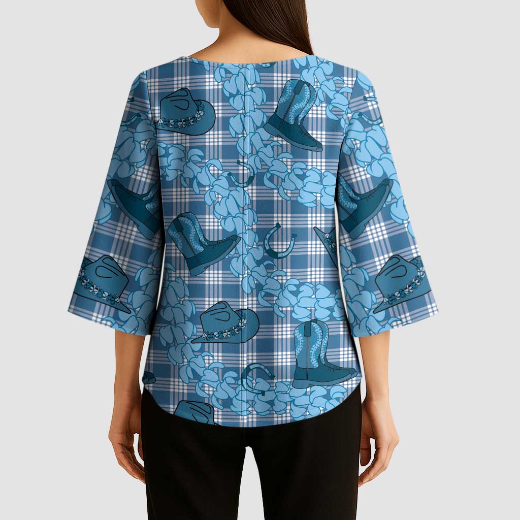Cyan Palaka Hawaii Cowboy Kimono Sleeve Blouse Puakenikeni Lei Paniolo Papale Seamless Vibes - Polynesian Pride