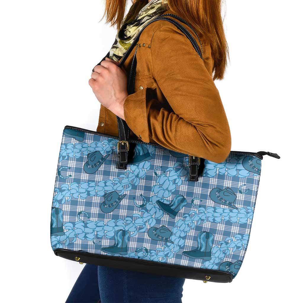 Cyan Palaka Hawaii Cowboy Leather Tote Bag Puakenikeni Lei Paniolo Papale Seamless Vibes - Polynesian Pride