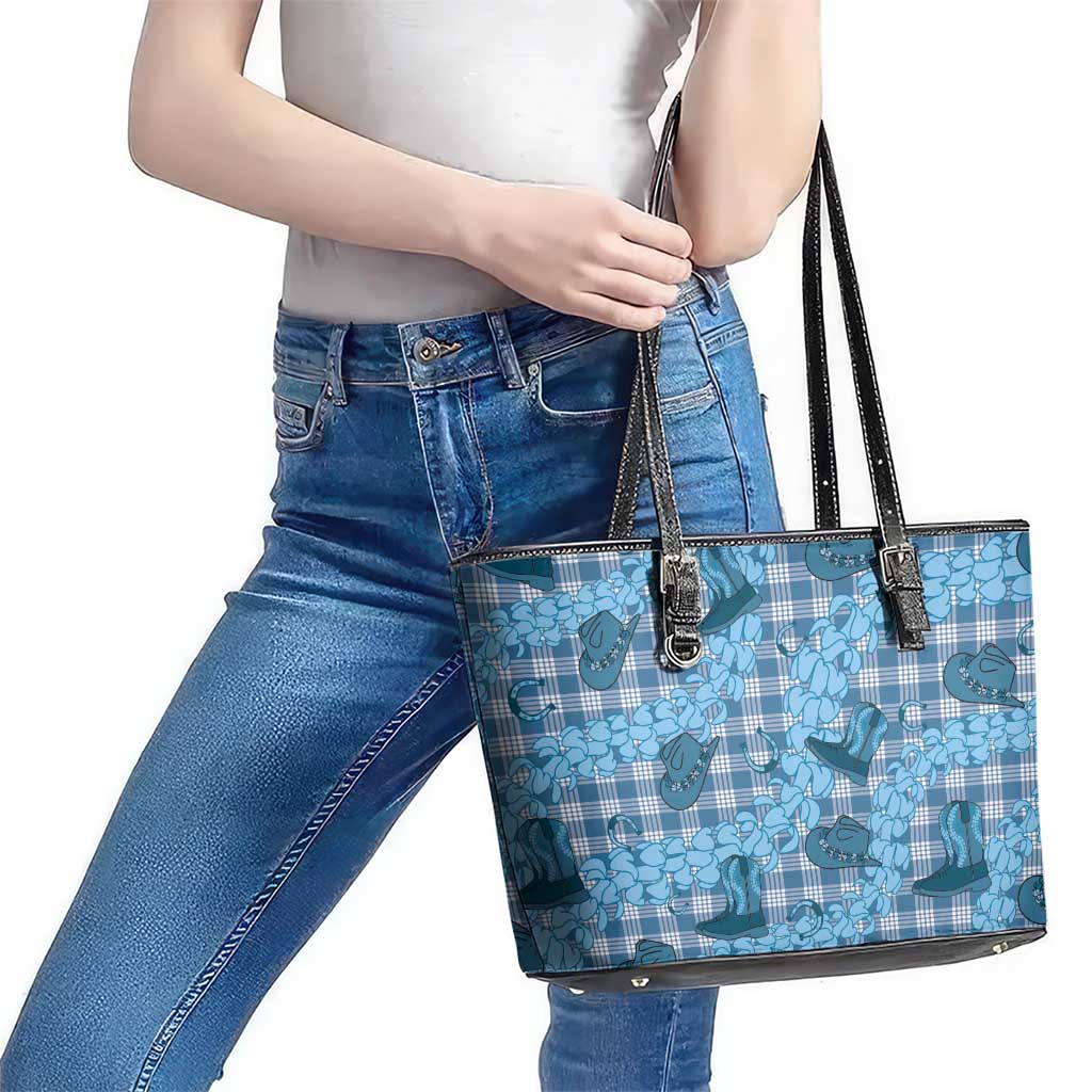 Cyan Palaka Hawaii Cowboy Leather Tote Bag Puakenikeni Lei Paniolo Papale Seamless Vibes - Polynesian Pride