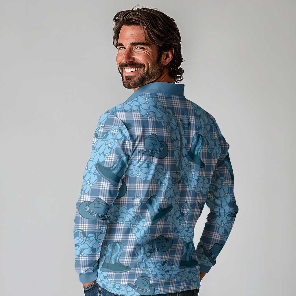 Cyan Palaka Hawaii Cowboy Long Sleeve Polo Shirt Puakenikeni Lei Paniolo Papale Seamless Vibes - Polynesian Pride