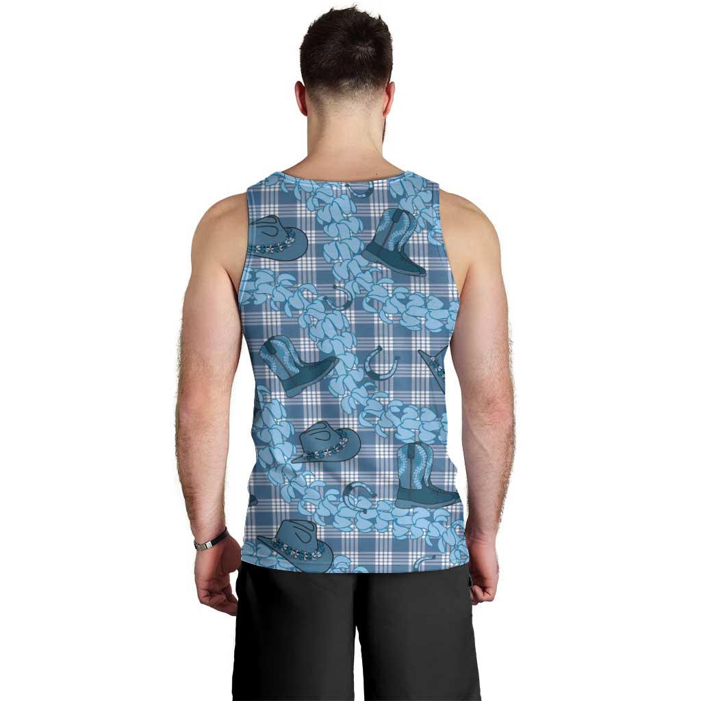 Cyan Palaka Hawaii Cowboy Men Tank Top Puakenikeni Lei Paniolo Papale Seamless Vibes - Polynesian Pride