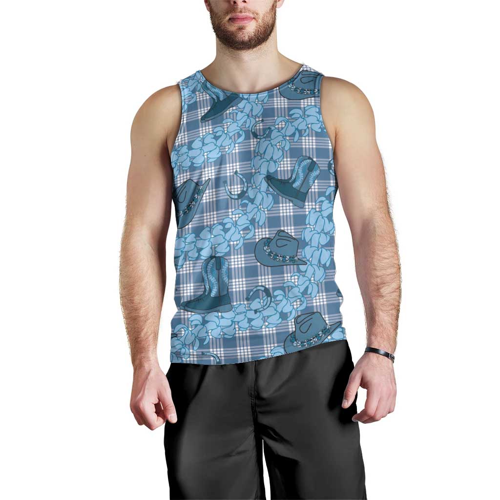 Cyan Palaka Hawaii Cowboy Men Tank Top Puakenikeni Lei Paniolo Papale Seamless Vibes - Polynesian Pride