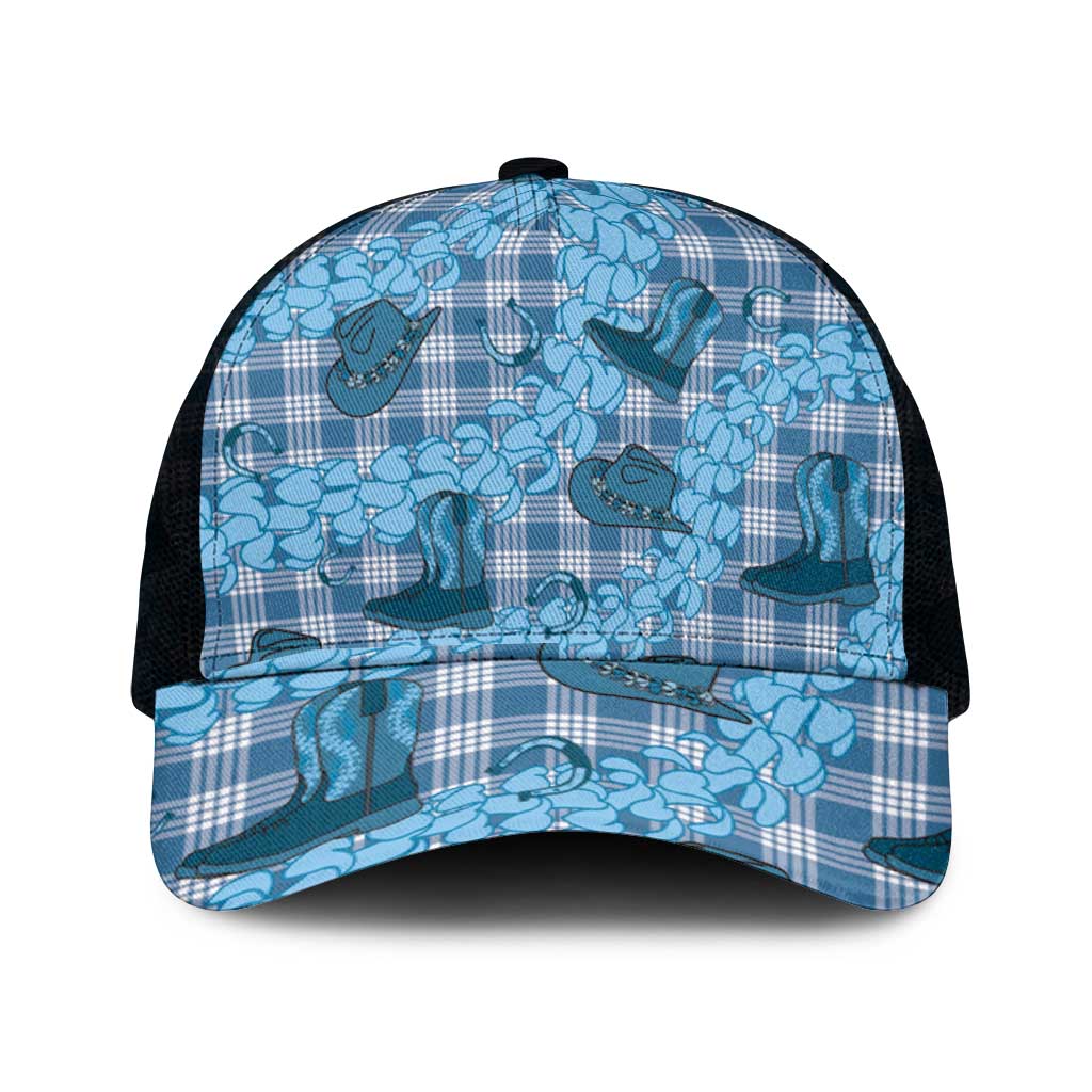 Cyan Palaka Hawaii Cowboy Mesh Trucker Cap Puakenikeni Lei Paniolo Papale Seamless Vibes - Polynesian Pride